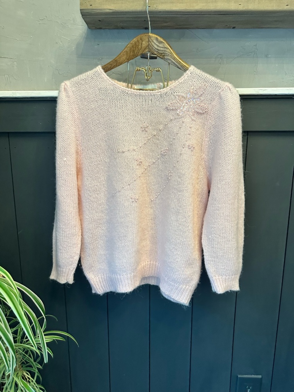 Vintage Baby Pink‎ Embellished Beaded Wool Blend Loose Knit Women's Sweater sz L